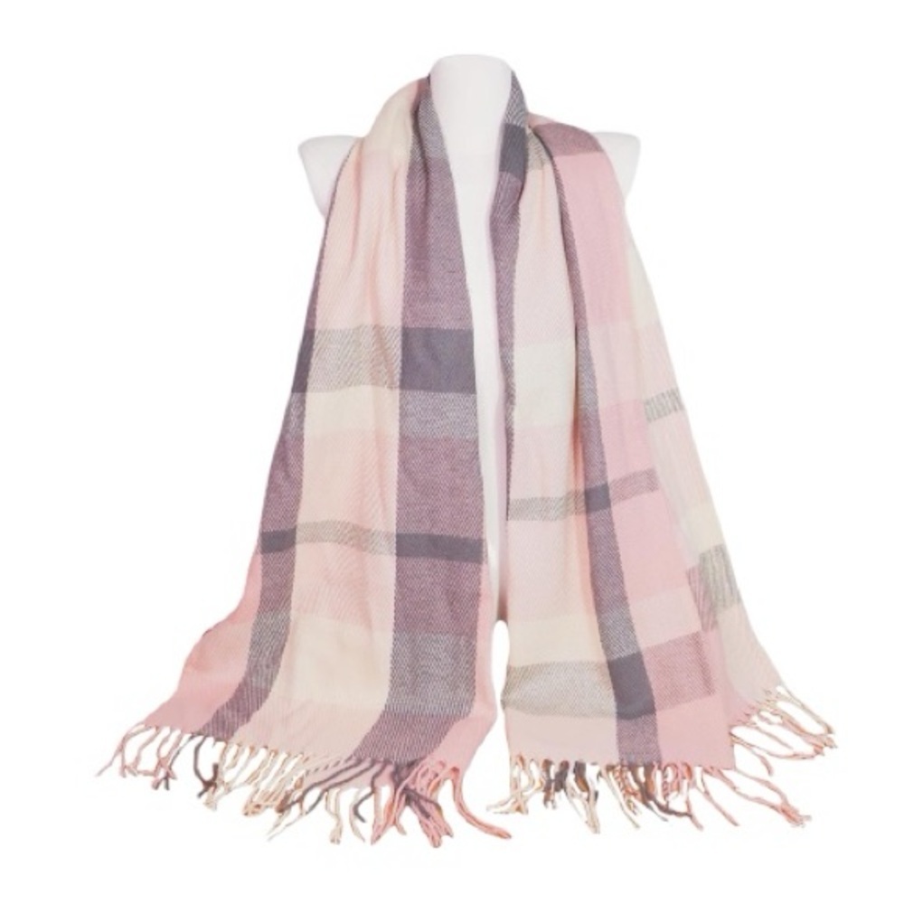 Winter Knit, Long Pink And Grey Plaid Scarf With Fringe
